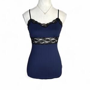 Vintage Y2K Aerie navy blue lace cami top black lace trim wavy pattern size m